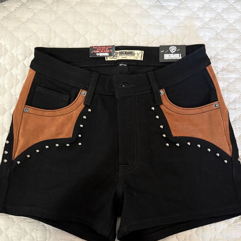 Rock & Roll High Waist Black Shorts with Brown Suede Pockets